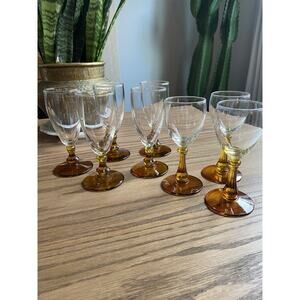Vintage 1960s Amber Stem Sherry Glasses Cordial Glasses Mismatched Set Of 8